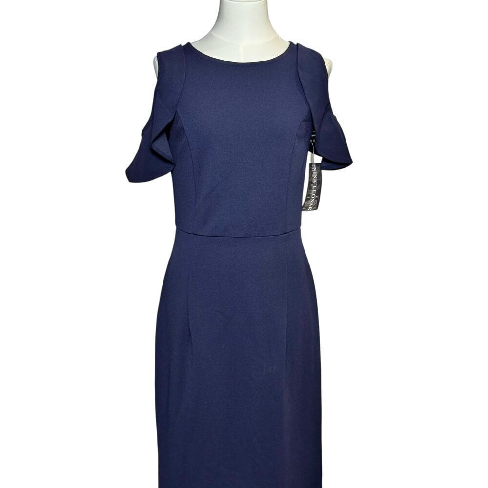 Nina Leonard Navy Cold Shoulder Dress Flutter Sleeve Sheath Career Cocktail Med - Picture 2 of 7